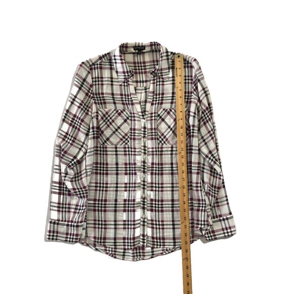 Express Portofino Shirt Womens M Plaid Double Pocket Button Down Roll Tab Sleeve - Picture 3 of 6